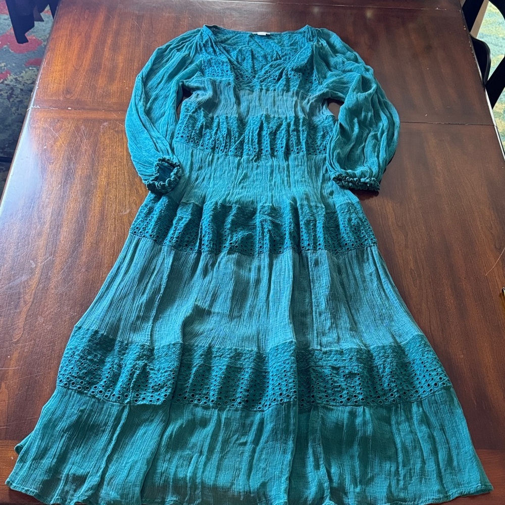 Sundance Romatic Boho Adore Moi Long Sleeve Midi Eyelet Sheer Pacific Blue Dress - Picture 2 of 12